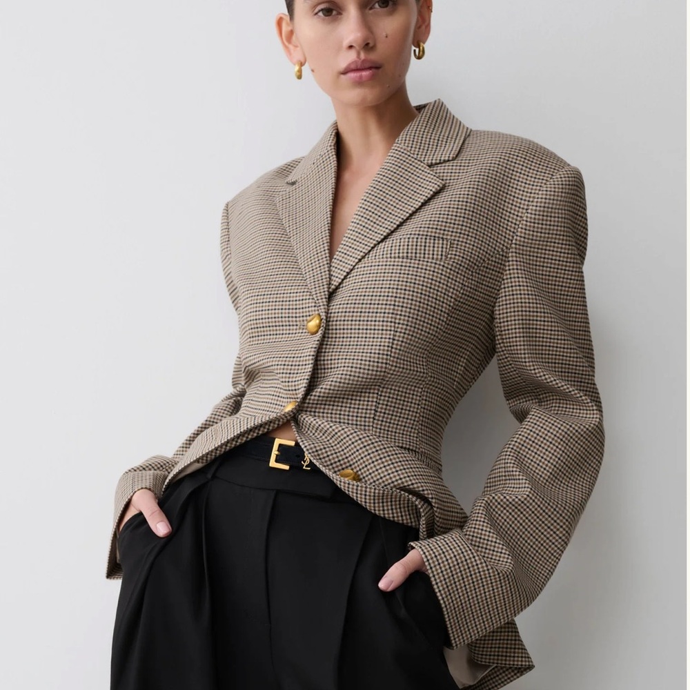 Meshki Mila Shaped Blazer Jacket in Tan Check